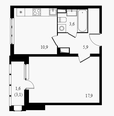 Однокомнатная квартира 39.9 м²