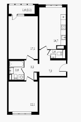 Двухкомнатная квартира 61 м²