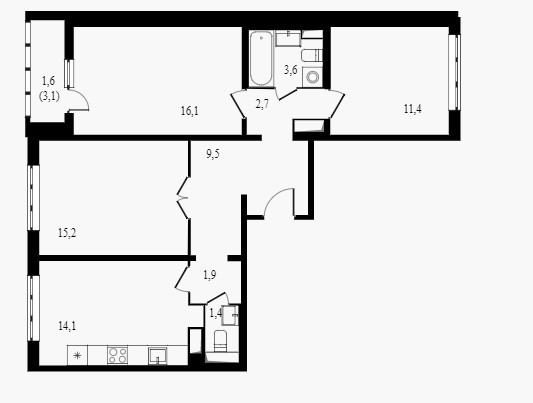 Трёхкомнатная квартира 77.6 м²