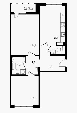 Двухкомнатная квартира 61 м²