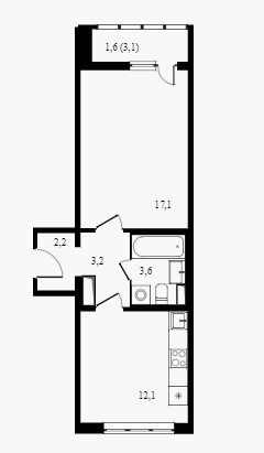 Однокомнатная квартира 39.8 м²
