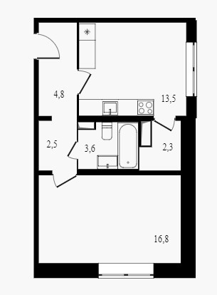 Однокомнатная квартира 43.5 м²