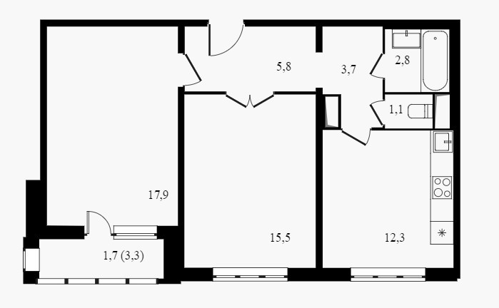 Двухкомнатная квартира 60.8 м²