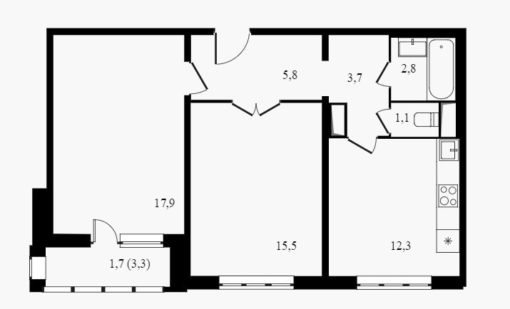 Двухкомнатная квартира 60.8 м²