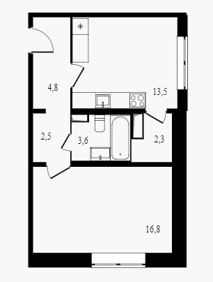 Однокомнатная квартира 43.5 м²