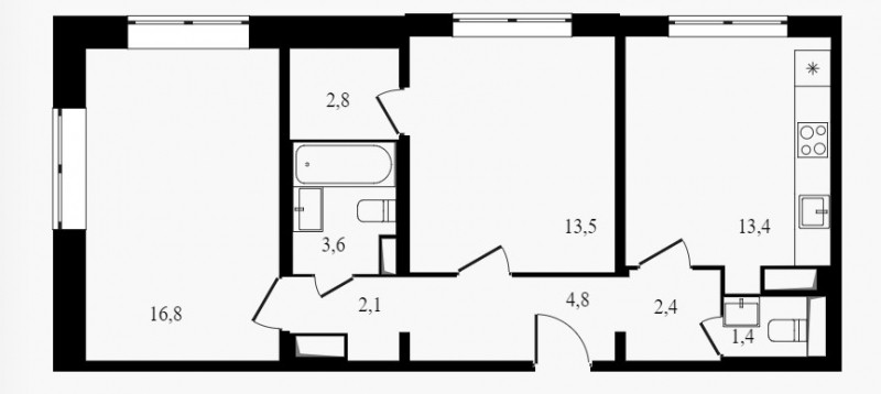 Двухкомнатная квартира 60.8 м²